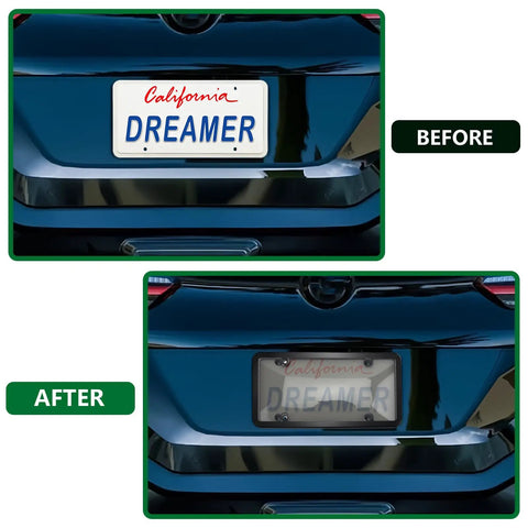 Comparison of a car plate before and after installing a Two Pack Clear License Plate Cover And Frame Set With Screws And Caps, Rust Proof Transparent Shield For Standard US Plates, Tough ABS Build, All Weather Auto Plate Protection, showing enhanced visibility and protection.