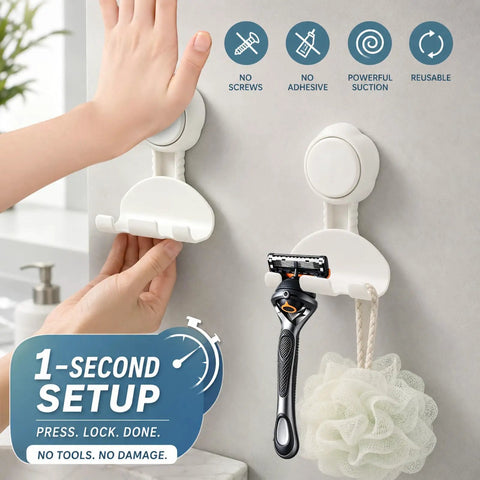 Hassle Free Heavy Duty Suction Cup Razor Holders For Bathroom Sink Organizer With Super Strong No Drill Grip Towel And Loofah Hooks Clutter Free Kitchen And Shower Storage Rack 2 Pack mounted on a wall with a razor and loofah.