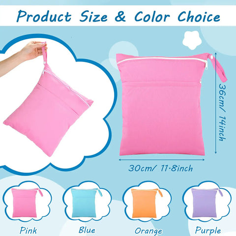 4 Pack Wet Dry Diaper Bags For Baby Cloth Diapers And Swim Gear Waterproof Reusable Travel Organizer in pink, blue, orange, purple