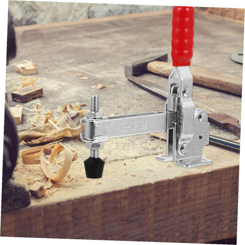 Two Pack Quick Release Toggle Clamps For Welding And Woodworking Iron Fixed Holding Clamps with red grip on workbench