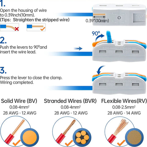 Instructions for using 65 Piece Compact Splicing Wire Connectors Kit For AWG 28 To 12, showing lever operation and wire types.