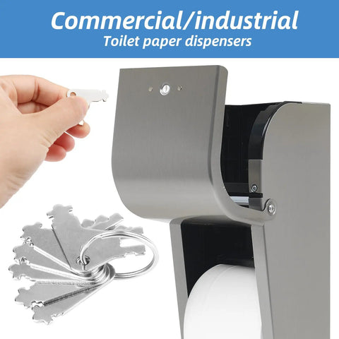 Hand using 15 Pcs Universal Paper Towel Dispenser Key Set With 3 Key Rings Replacement Keys For Most Commercial Paper Towel And Toilet Paper Dispensers Heavy Duty Emergency Access For Busy Restrooms on steel dispenser