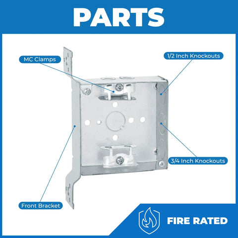 Four Pack Four Inch Welded Square Electrical Box With MC Clamp And Side Bracket Depth Two And One Eighth Inches With One Half And Three Quarter Inch Knockouts Ideal For Lighting Fixtures Switches And Receptacles UL Listed