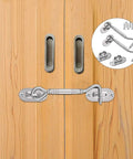 Hook and Eye Latch for Gate Cabinet Door Window Stainless Steel Lock on wooden doors with mounting hardware in the corner.