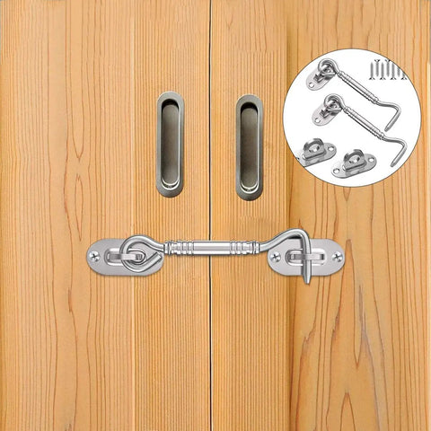 Hook and Eye Latch for Gate Cabinet Door Window Stainless Steel Lock on wooden doors with mounting hardware in the corner.