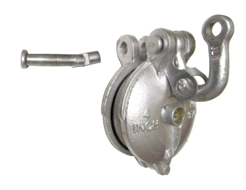 3 Ton Yarding Block With Shackle And Pin Built Tough, 4 Inch Galvanized Sheave Pulley With Grease Fitting For Three Eighths Inch Cable, Nylon Lock Nut On Sheave Bolt, Heavy Duty Rigging Workhorse For Real World Jobs. Detached pin beside 4-inch galvanized block