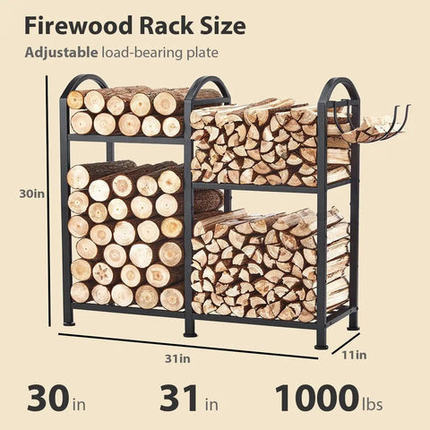 Heavy Duty 31 Inch Firewood Rack With Hooks 2-Tier Log Holder For Indoor Or Outdoor Use, fireplace wood, steel frame