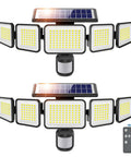 Solar Motion Flood Lights Outdoor 4000LM 236 LED 5 Head Security Wall Lights With Remote IP65 Waterproof, showing two units front view.