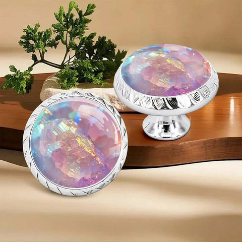 6 Piece Iridescent Pink Crystal Cabinet Knob Set With Silver Finish, Dope Multicolor Glass Drawer Pulls for Cabinets