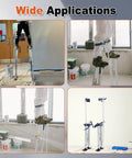 Wide applications of Beefed-Up Adjustable 24 To 40 Inch Aluminum Drywall Stilts for painting and taping, shown in use on job sites