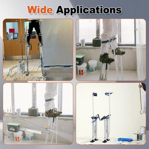 Wide applications of Beefed-Up Adjustable 24 To 40 Inch Aluminum Drywall Stilts for painting and taping, shown in use on job sites