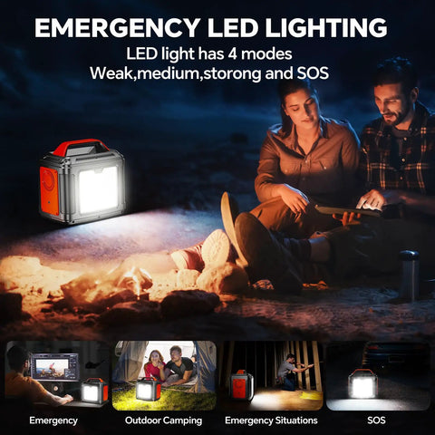 Heavy Duty 296Wh Portable Power Station With 13 Output Ports Powers Laptops And Car Fridges Simultaneously Off Grid Solar Generator in campsite with LED light.