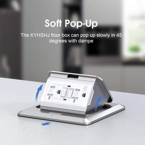 Pop Up Floor Outlet With 20 Amp GFCI, Stainless Steel Recessed Floor Box, Tamper Resistant, Silver Finish, countertop view