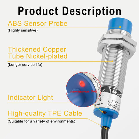 Inductive Proximity Sensor Switch No Fuss 8mm Detection Distance Non Shield Type Three Wire NPN Normally Open 10 To 30 VDC 200 mA Output M18 Mount LJ18A3 8 Z BX Blue Body, blue threaded metal sensor