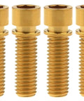 Straight Up Top Shelf Titanium Hex Head Screws 4 Piece Built Damn Tough For Mountain Bikes And Road Cycles Lightweight Heavy Duty Cycle Fastener Replacement Kit M8 X 25mm, set of four golden screws.