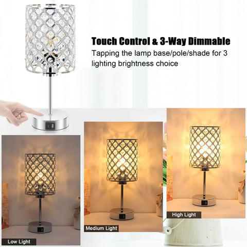 Crystal Bedside Lamp With Touch Control And USB C And USB A Ports 3 Way Dimmable Modern Table Lamp displaying its dimmable settings.