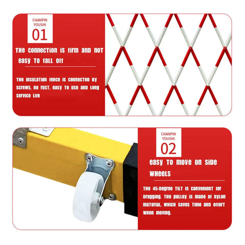 Flexible Expandable Safety Fence With Smooth Rolling Casters For Crowd Control And Room Dividing shows durable connection and side wheels.