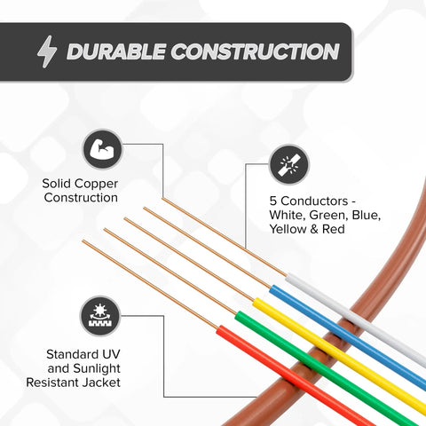 18 Gauge 5 Conductor Thermostat Wire 200 Ft Brown, Insulated Solid Copper Cable For HVAC, showing wire colors and construction