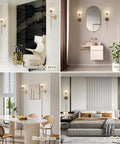 Brushed Gold Plug In Wall Sconce Set Of 2 Mid Century Modern Long Globe Lights With Amber Glass in various room settings