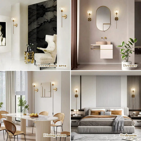 Brushed Gold Plug In Wall Sconce Set Of 2 Mid Century Modern Long Globe Lights With Amber Glass in various room settings
