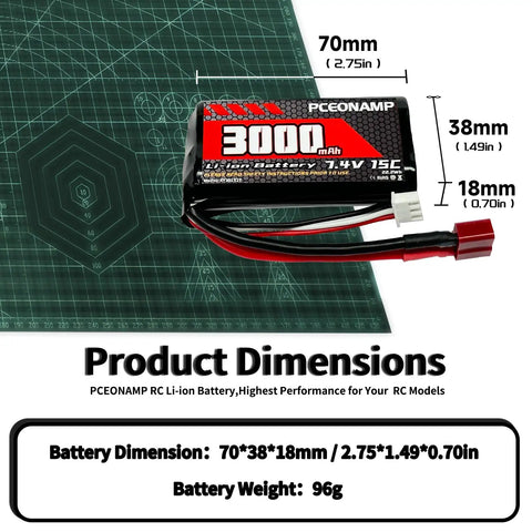 7.4V 3000mAh Li-ion RC Battery 2S T Plug For 1/12, 1/16, 1/18 RC Cars And 4WD High Speed Models; dimensions shown