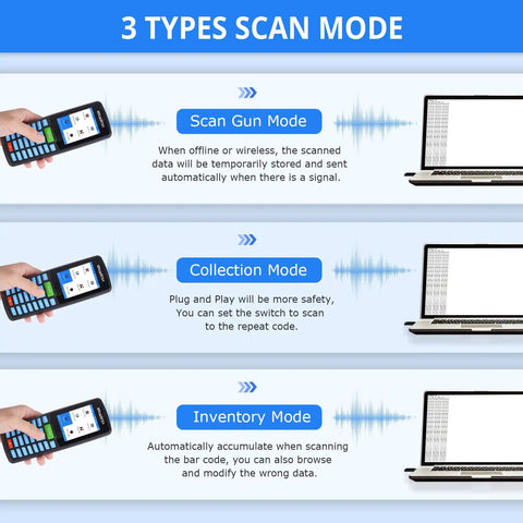 Wireless Barcode Scanner Portable Inventory Tool modes: Scan Gun, Collection, Inventory with laptop connection for 1D 2D PDF417 codes