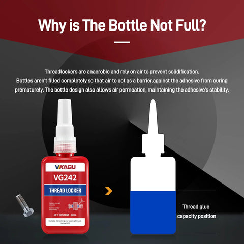 Image of the red VG242 Thread Locker bottle with nozzle, instructions explaining anaerobic adhesive properties, and thread glue capacity position.