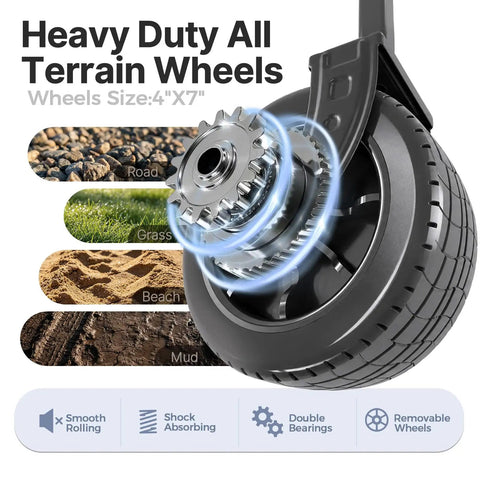 Heavy Duty Collapsible All Terrain Wagon Cart With 400 Lb Capacity And Wide 9cm Wheels With 360 Degree Swivel Front wheel close-up