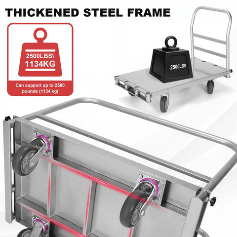Beast Steel Panel Cart With Four Swivel Casters 2500 Lb Capacity 36x24 Inch Steel Board Three Side Handrails Heavy Duty Platform Truck For Panels Tables And Bulk Goods, steel frame and casters