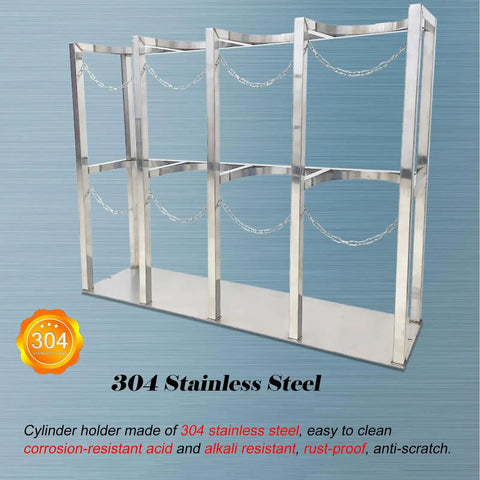 Heavy Duty Stainless Steel Gas Cylinder Storage Rack with Secure Fixed Holder and Protective Chain for safety.