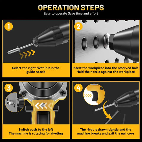 Operation steps for the Cordless Pro Grade Rivet Gun Compatible With 20V Max Batteries, showing rivet insertion.
