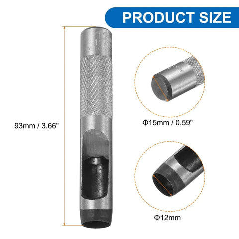 Leather Round Hole Punch 12mm 2 Pack Carbon Steel Hollow Punch Cutter detail showing dimensions for belts and DIY leather craft projects