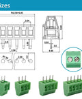 52 Piece 0.1 Inch Pitch Screw Terminal Block Kit With 2P 3P 4P 5P Connectors, diagram and sizes shown for 18-26 AWG wire
