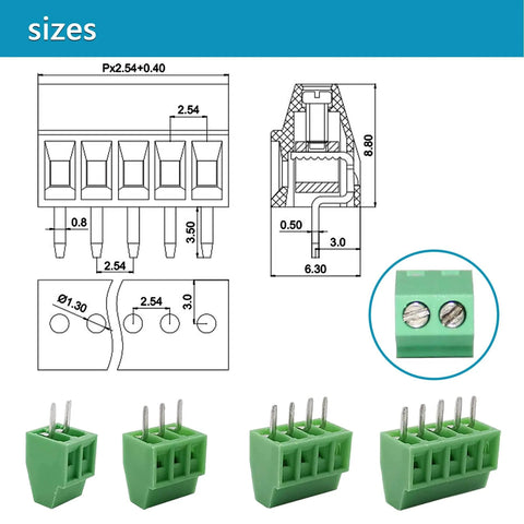 52 Piece 0.1 Inch Pitch Screw Terminal Block Kit With 2P 3P 4P 5P Connectors, diagram and sizes shown for 18-26 AWG wire