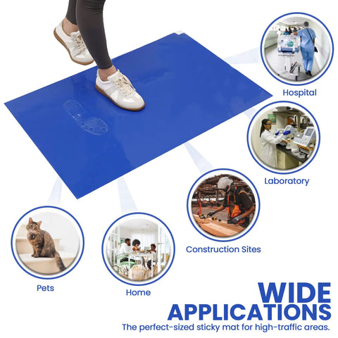 Sticky Adhesive Mats For Shoes And Equipment Wheels 24 By 36 Inch Heavy Duty Floor Mats Pack Of 150 Sheets Blue Great For Labs Homes Construction Sites And More Dust And Dirt Removal blue sticky mat with shoe print for hospital, lab, home and construction use