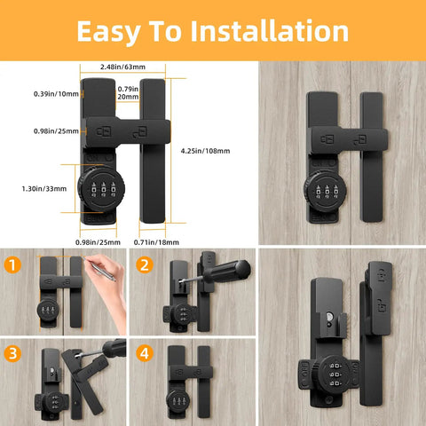 Keyless Barn Door Lock With 180 Degree Flip Latch 3 Digit Password Sliding Gate Lock Black Weatherproof shown in installation steps
