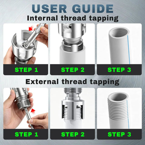 All In One Pipe Threading Kit For Internal And External Threads With 1/2 Inch 3/4 Inch And 1 Inch PVC Tubing Drill Friendly Thread Cutter Set for internal and external threading steps
