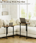 Adjustable Folding TV Tray Table For Eating And Snacking, 6 Height Levels, C Shaped End Table Under Couch, Brown, in living room