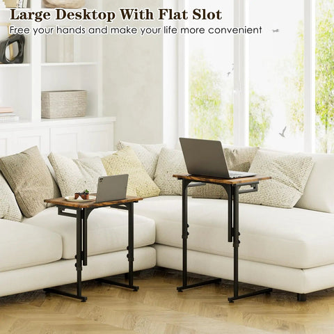 Adjustable Folding TV Tray Table For Eating And Snacking, 6 Height Levels, C Shaped End Table Under Couch, Brown, in living room