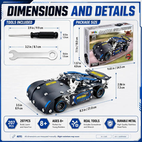 Dimensions and tools of Metal Racing Car Kit With 207 Pieces And Real Tools For A Hands On STEM Build Your Own Race Car For Boys 8 12 Teens And Adults