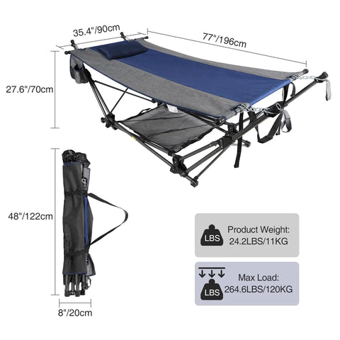 Portable Folding Hammock With Stand Removable Pillow Storage Net Foldable Lounge Camping Bed with dimensions and weight details