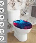 Elongated Toilet Seat Resin for Man Cave in blue and red guitar design on a toilet; measures 14.5" x 18.5" for most fittings.