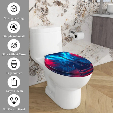 Elongated Toilet Seat Resin for Man Cave in blue and red guitar design on a toilet; measures 14.5" x 18.5" for most fittings.