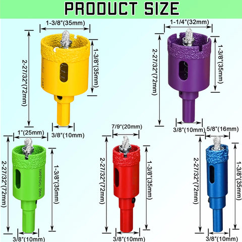 Colorful Five Piece Diamond Hole Saw Set With Spring Pilot Bit For Ceramic Porcelain Tile Marble Granite Brick Wall Dry Brazing Diamond Drill Bits 5/8 To 1-3/8 Inch Color Coded with sizes labeled.