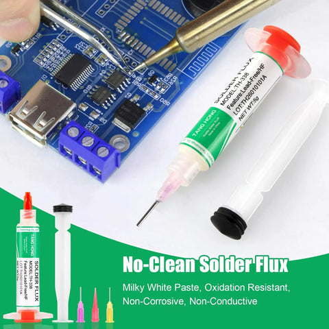 No Clean Solder Flux Paste for Electronics Soldering Pro Grade Lead Free Rosin Flux, syringe with circuit board in background.