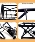 Slick Performance Electric Scissor Lift Table Featuring Super Quiet Motor And Easy Height Adjustments From Four To Sixteen Inches For Laptop Desk Or Camera Stand With Zero Sweat Safety Features close-up of sturdy frame and electric actuator details