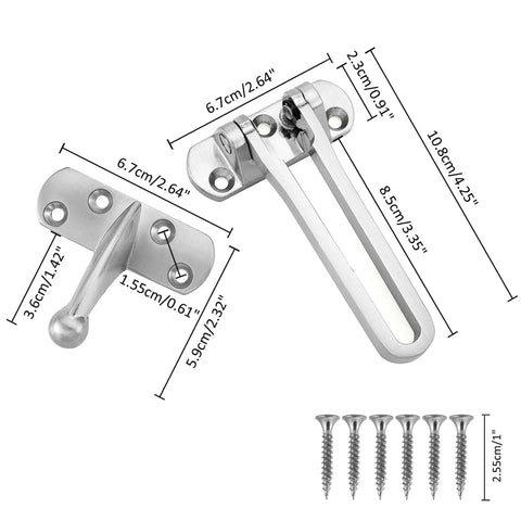 Image of Sturdy Stainless Steel Door Lock Latch For Home And Hotel Security Built Tough With Chain SUS 304 Brushed Finish U Swing Front Door Lock Three Ball Positioning Design For Kid Safe And Easy Install Silver shown with dimensions and screws.