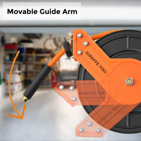 Retractable Air Hose Reel With 50 Foot Three Eighths Inch Hybrid Hose, Heavy Duty Steel Auto Rewind, showing movable guide arm