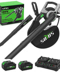 3 In 1 Cordless Leaf Blower Vacuum Mulcher with Brushless Motor, batteries, charger, 45L bag, and packaging displayed.