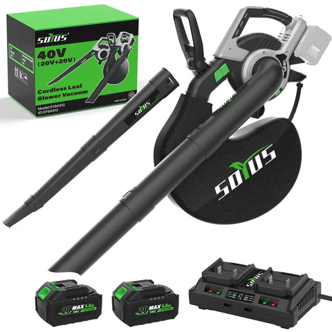 3 In 1 Cordless Leaf Blower Vacuum Mulcher with Brushless Motor, batteries, charger, 45L bag, and packaging displayed.